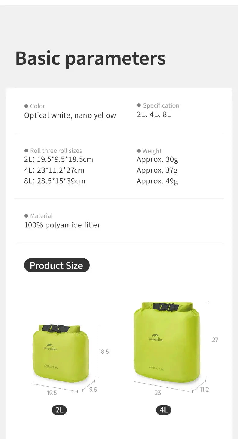 Naturehike rolled storage bags in neon yellow-green, 2L and 4L sizes (two bags) with compact roll design