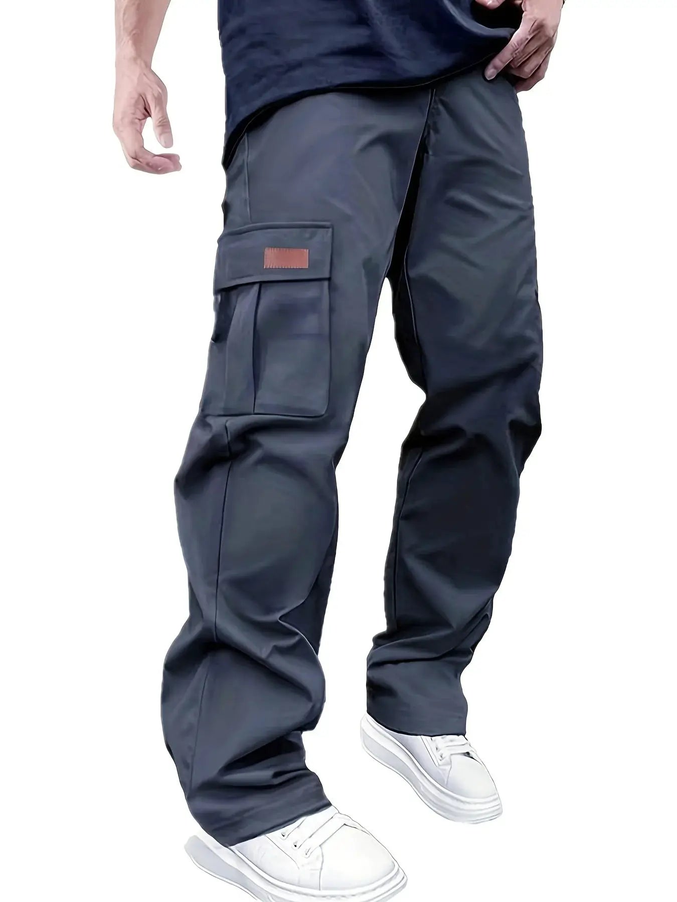 Men's navy work pants with side cargo pocket and flap, drawstring waist