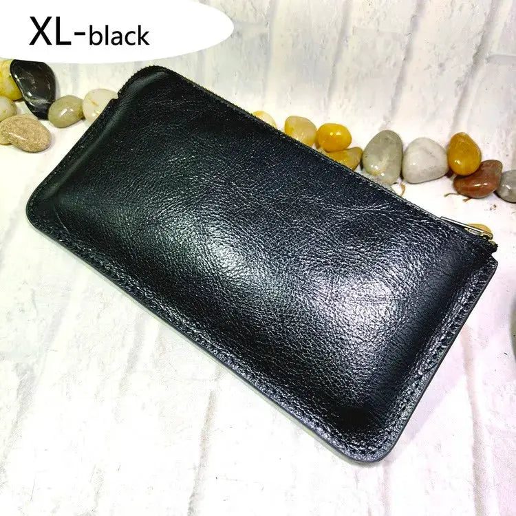 XL black leather waist bag with zipper; compact belt pouch for cards and IDs