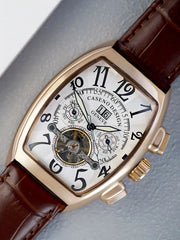 Caseno men’s skeleton tourbillon watch with calendar, gold-tone tonneau case and brown leather strap
