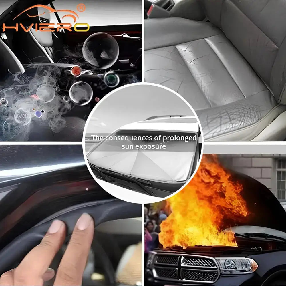 Foldable car windshield sunshade protector by Simples Market; protects interior from sun and heat