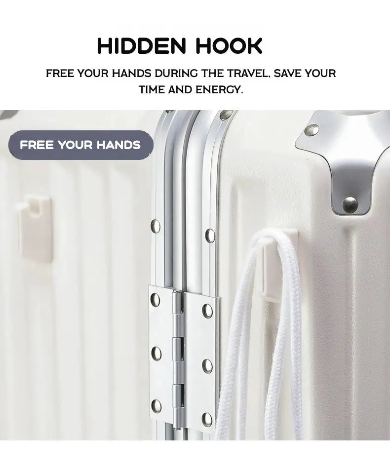 Simples Market white luggage suitcase close-up with metal hinges and rope handle.