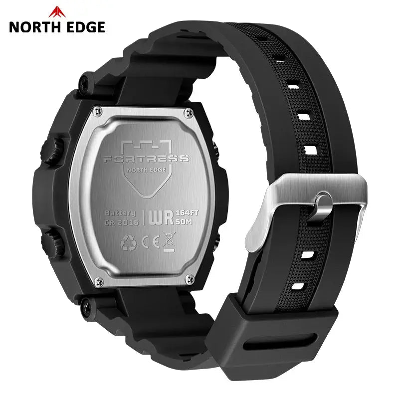North Edge Fortress 2026 men's digital watch with black silicone strap and stainless steel back, 50m water resistant.