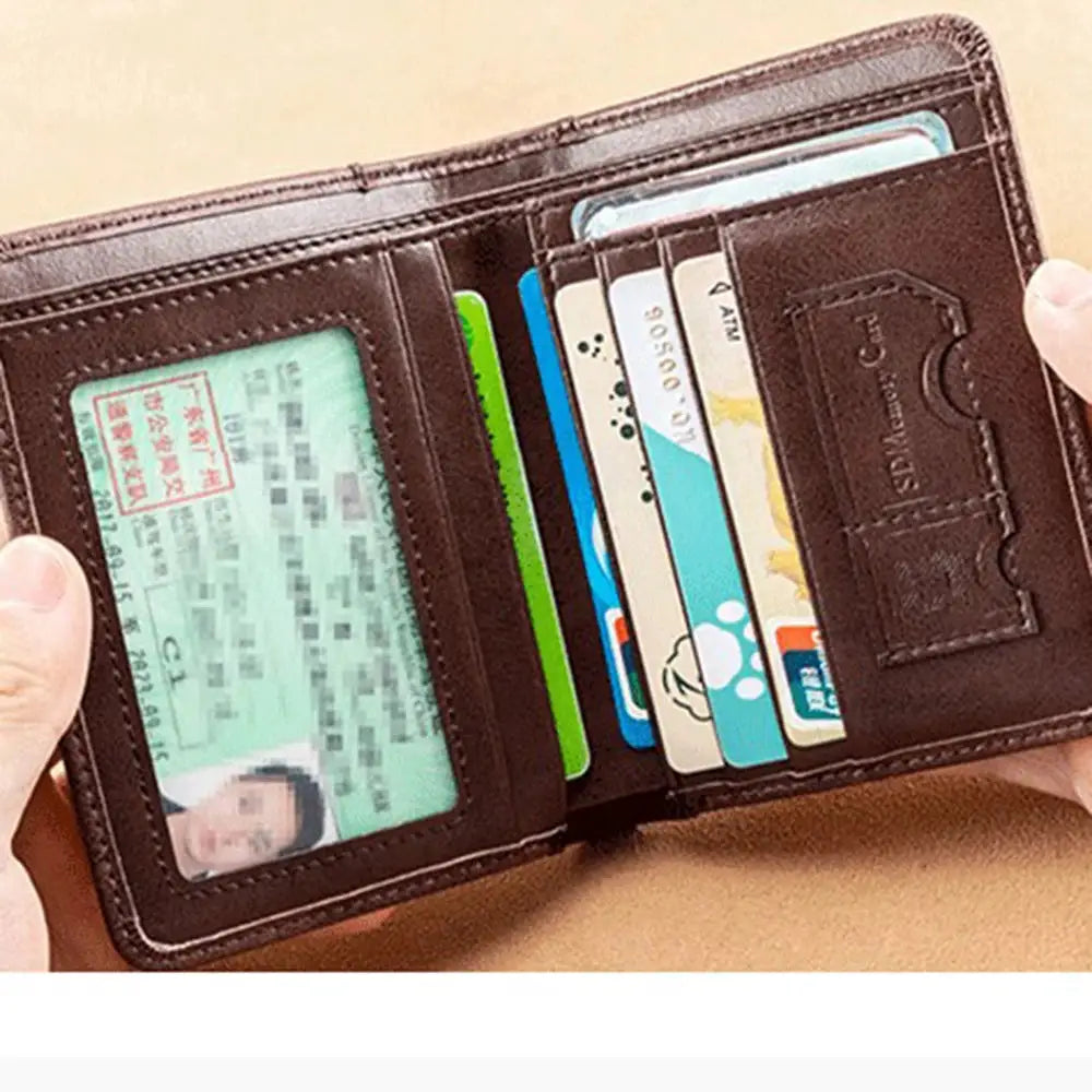 Brown PU leather RFID wallet for men, slim vertical card holder with ID window