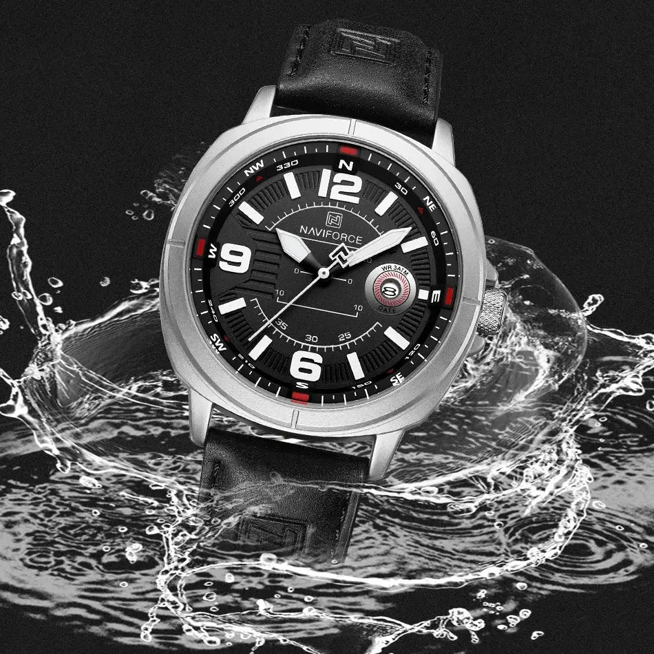 NAVIFORCE men's quartz watch with black dial, silver case, PU strap, calendar date display, water resistant