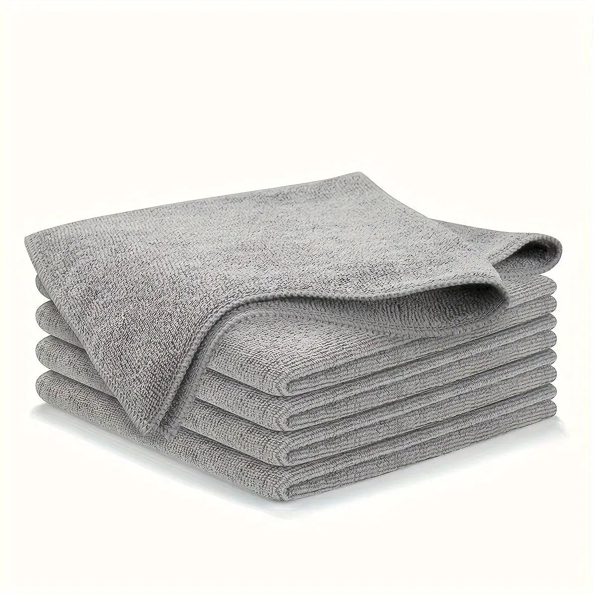 Thick gray microfiber cleaning cloths by Simples Market, stacked, lint-free car window towels, reusable and absorbent