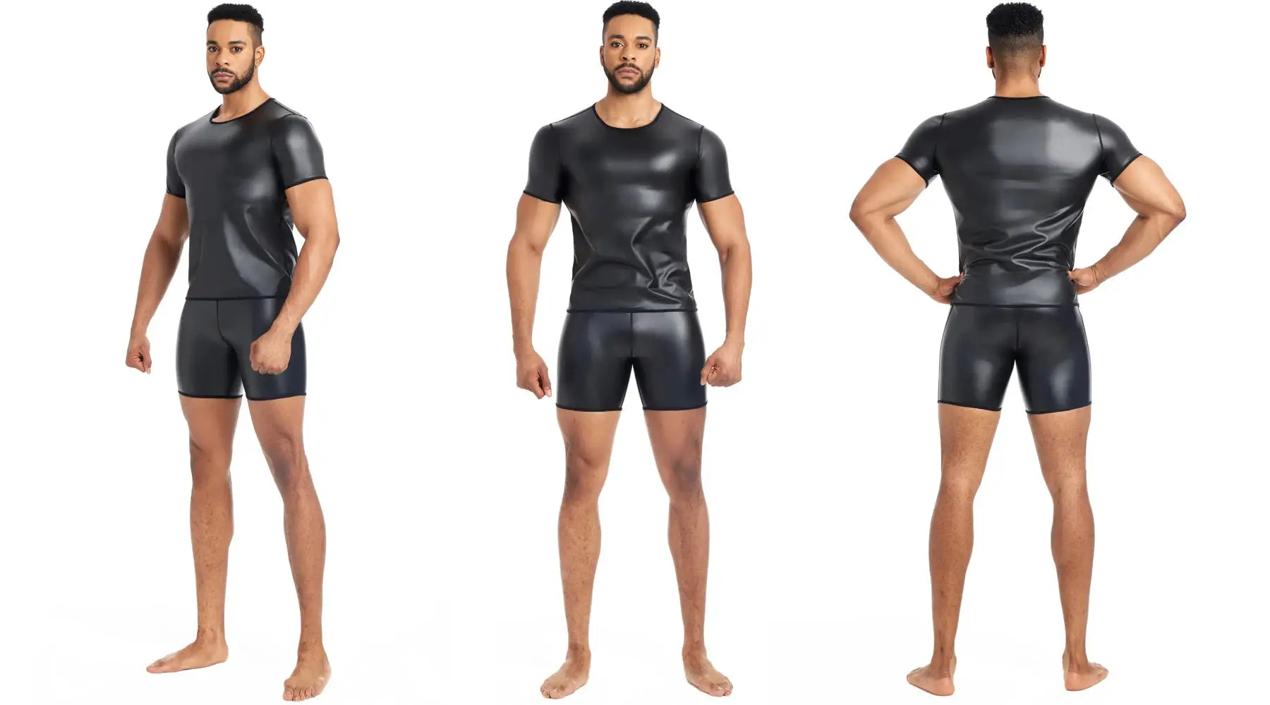 Men's black faux leather shirt and shorts set, Simples Market, three-view display