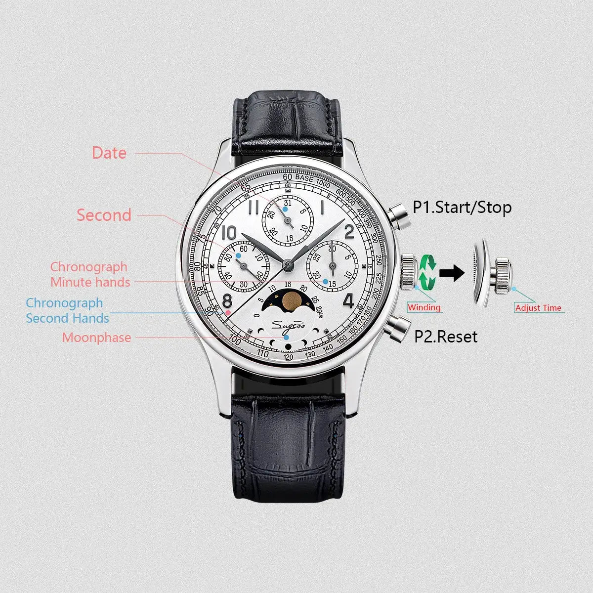 Sugess men's chronograph watch with white dial, moonphase, stainless steel case and black leather strap