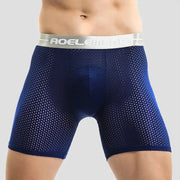 Men's blue mesh boxer shorts with silver AOEL waistband