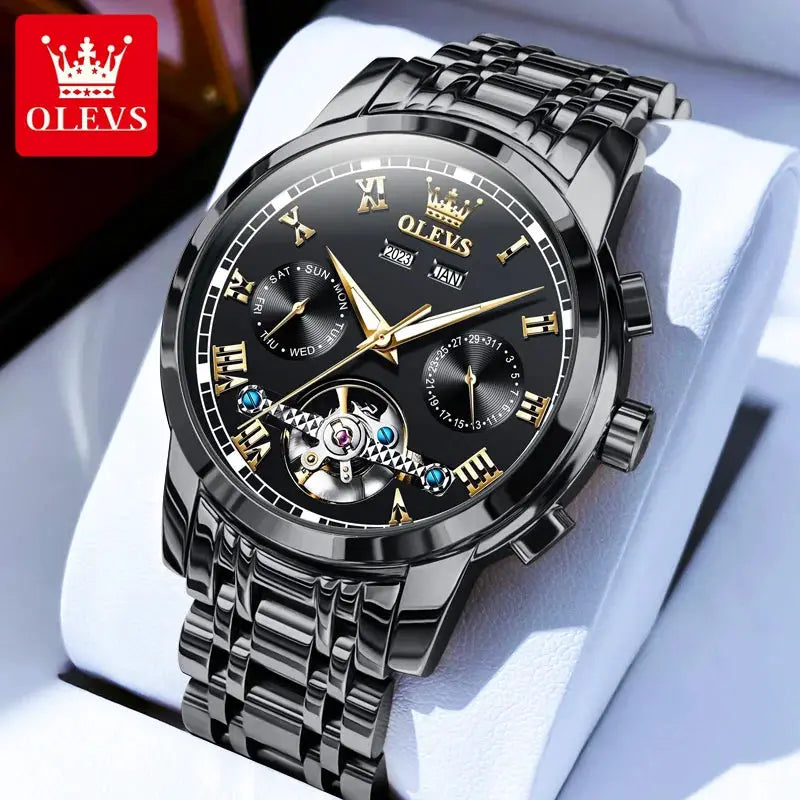 OLEVS 6607 men's stainless steel skeleton automatic watch with flywheel, dual calendar, black dial