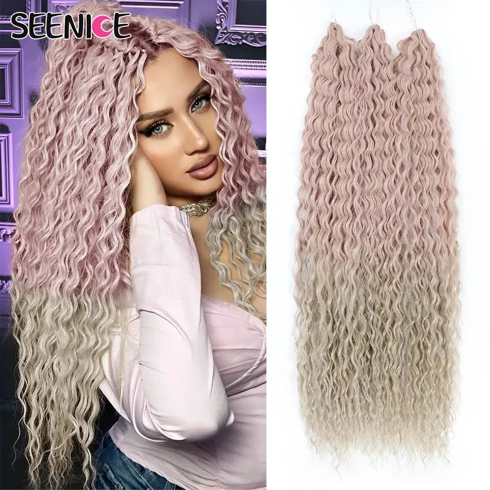 Ariel Curl crochet hair extensions, 22in, pink ombre water-wave Afro curls; SEENICE logo visible