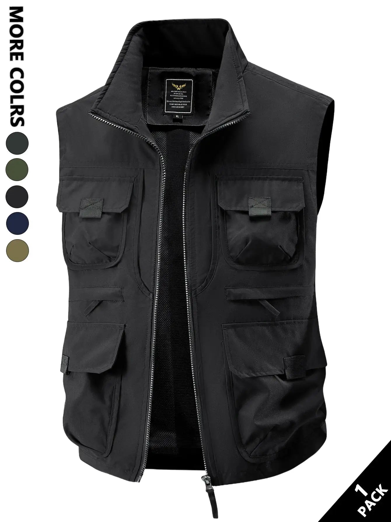 Simples Market men's windproof, heat-retaining work vest in black with zip front and cargo pockets