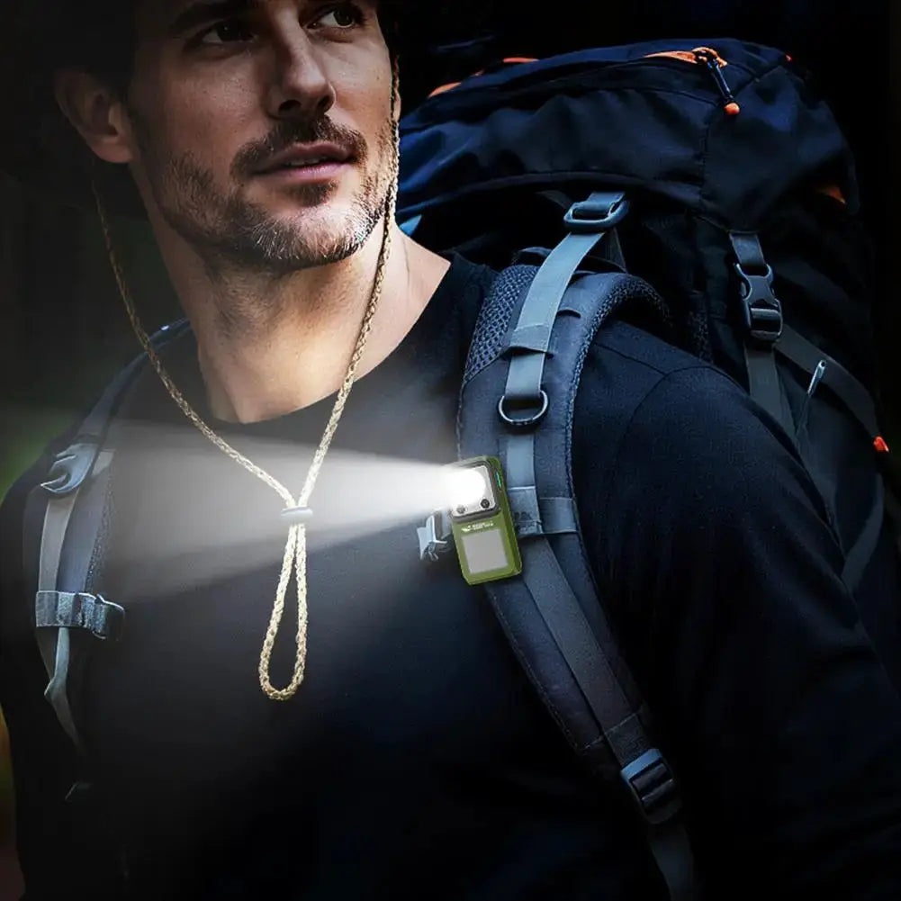 Simples Market LED magnetic clamp flashlight, green clip-on light attached to backpack strap for hiking