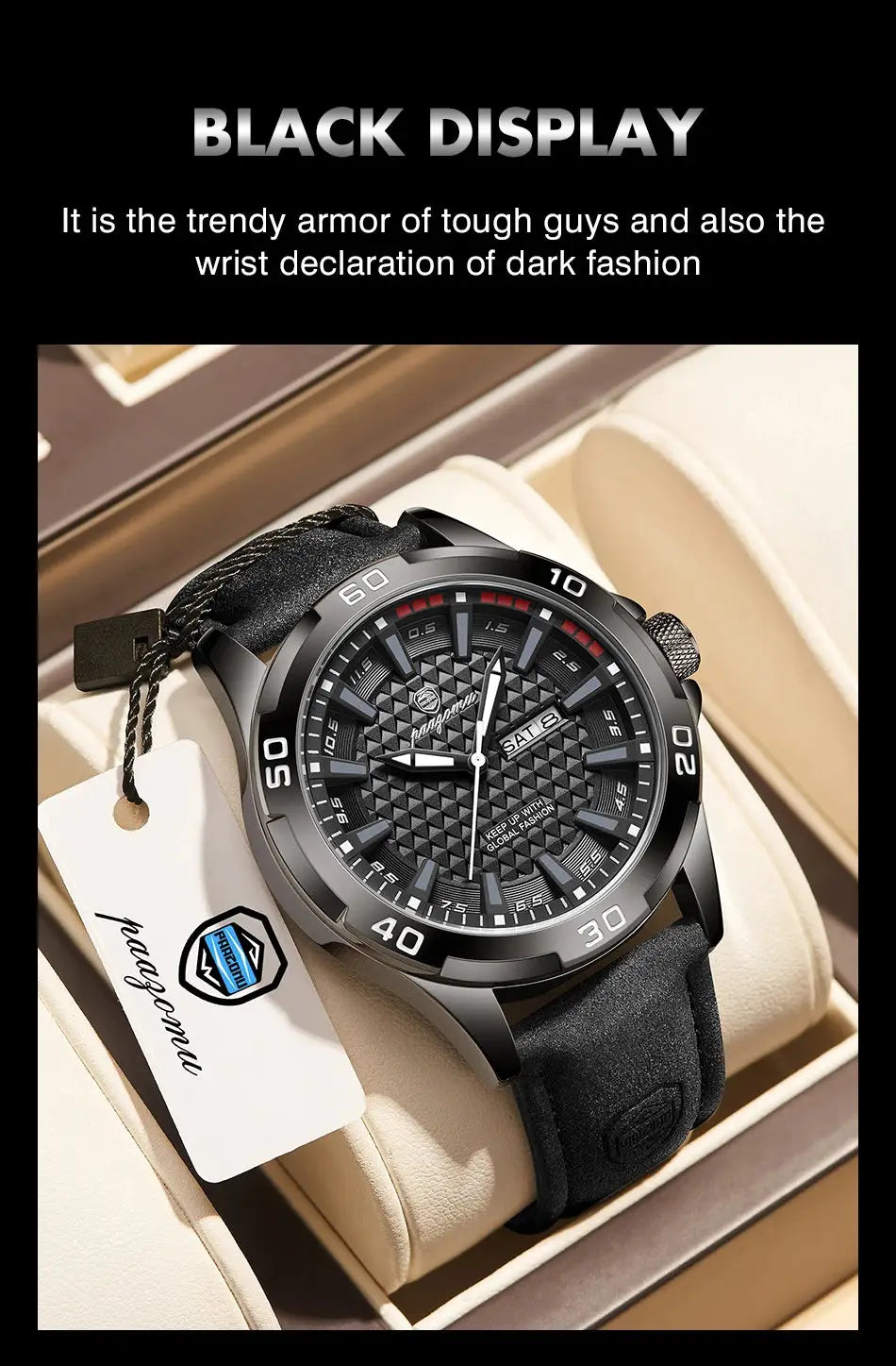 PAAZOMU men's luxury wristwatch with black stainless steel case, textured dial, luminous hands, date window, black strap