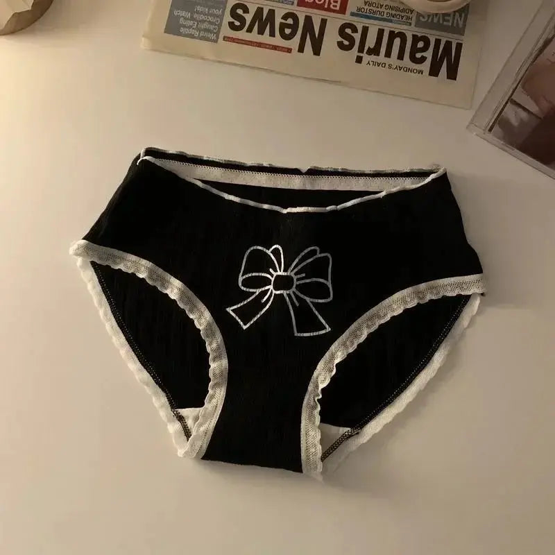 Panties, black cotton seamless with white lace trim and bow design, Simples Market