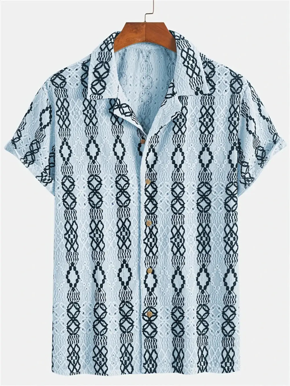 Simple Men's Shirt by Simples Market, light blue short-sleeve button-down with dark geometric lattice pattern