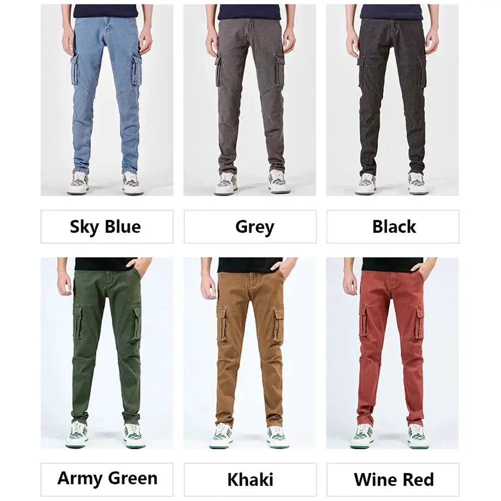 Simples Market men's street-style elastic-waist denim cargo pants in 6 colors with multiple pockets.