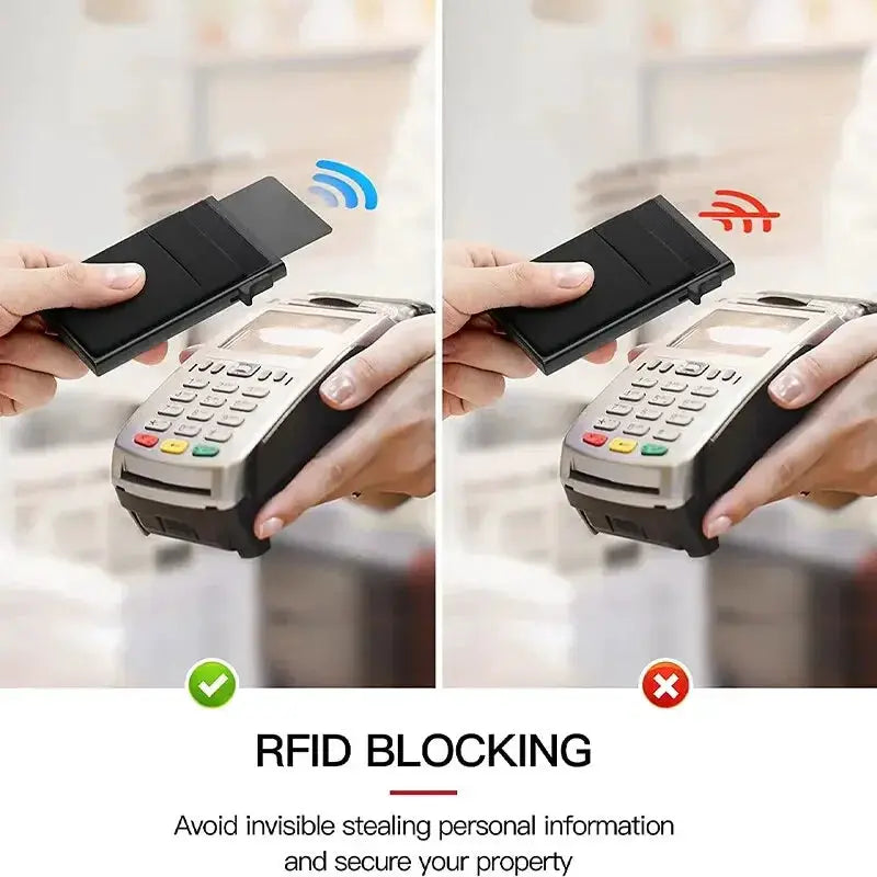 Simples Market RFID blocking slim metal card holder wallet for men in black, shown near a payment terminal