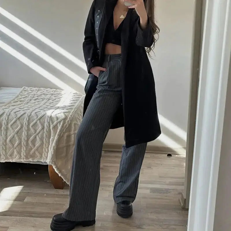HXAO Women's Striped Grey and Black Wide Leg Formal Pants High Waist Baggy Trousers for Office