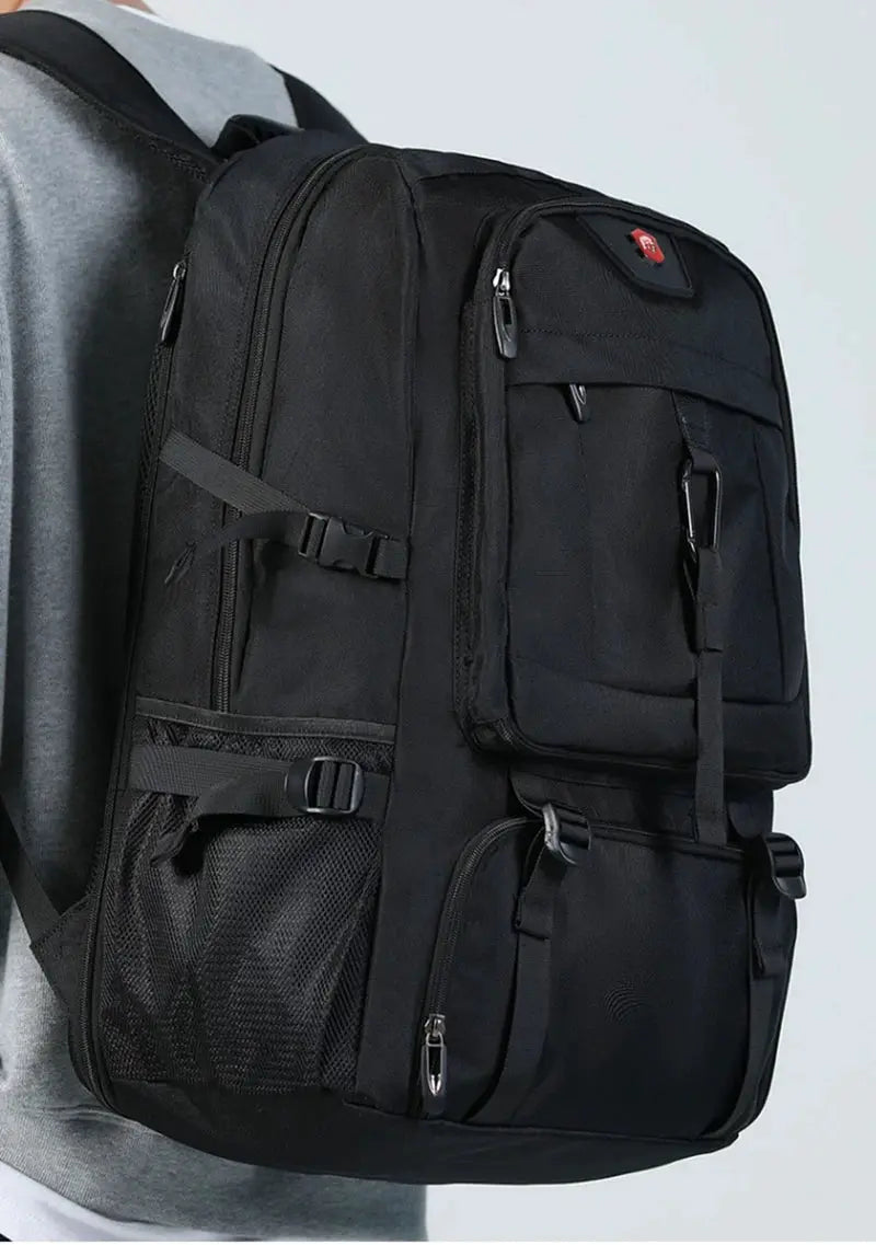 Simples Market black waterproof travel backpack with separate shoe compartment and multiple pockets