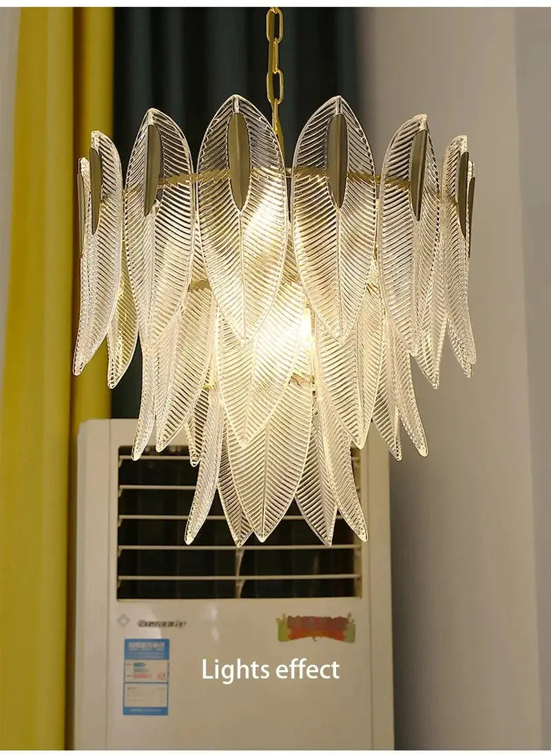 French Romantic Personalized Glass Chandelier LED pendant lamp by Simples Market with leaf-shaped clear glass petals.