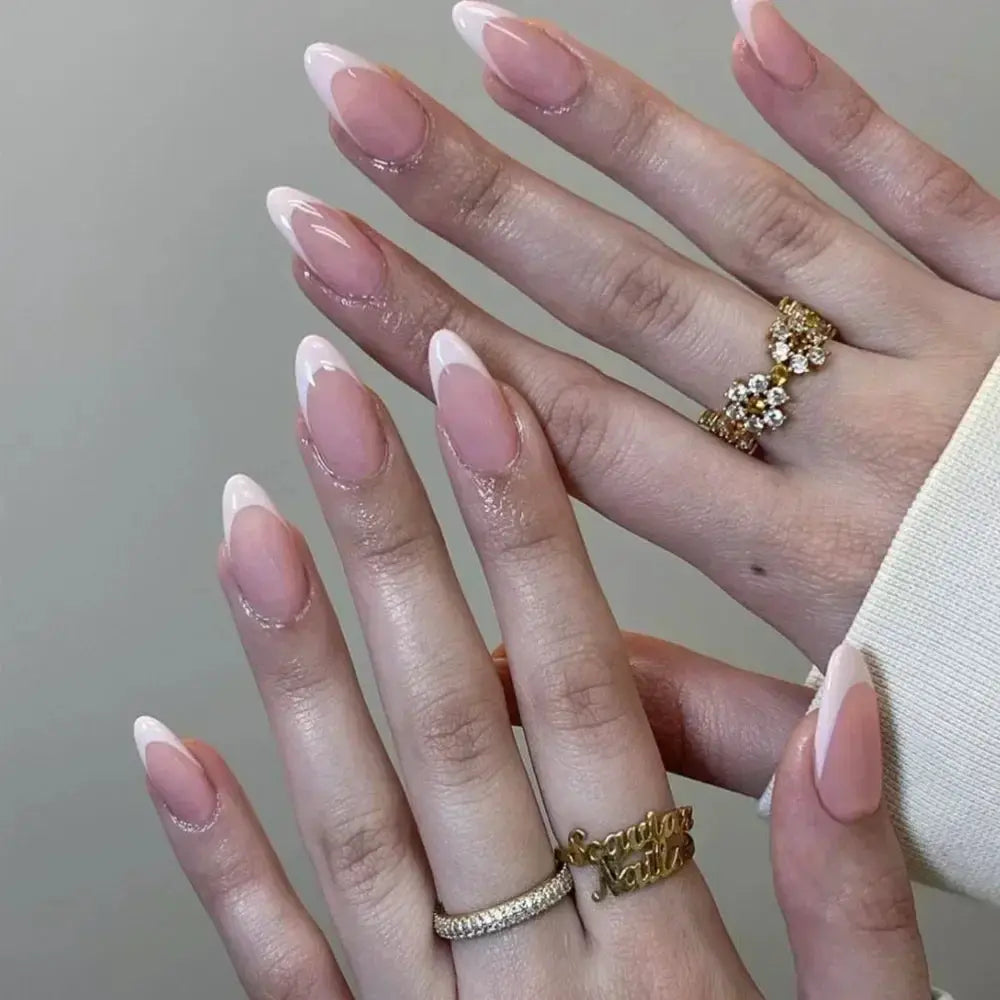 Glamora French Almond False Nails 24 Piece Press On Stiletto Tips With White Edge Design Glue Included For Wearable Glam