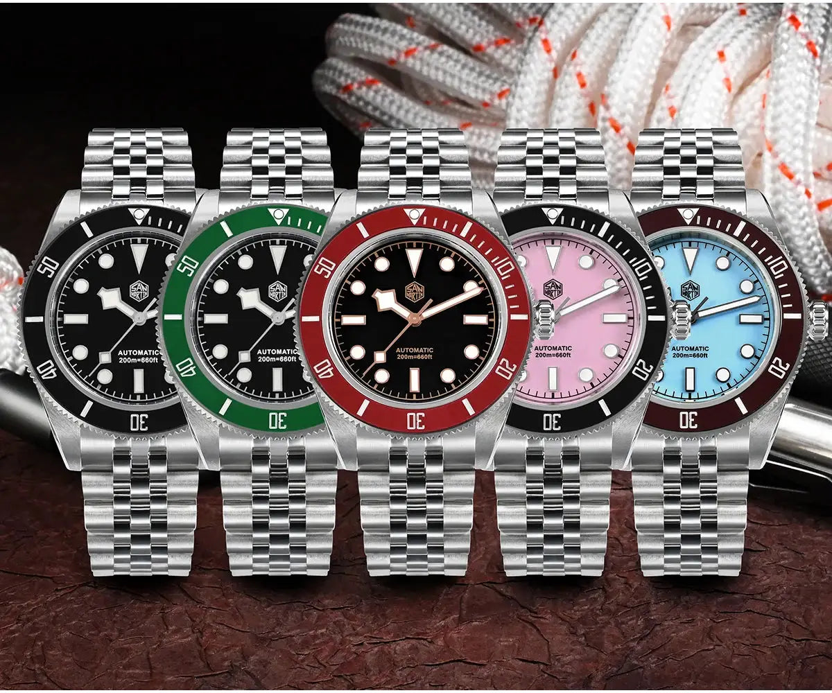 Six San Martin 40mm BB Diver watches with stainless steel bracelets in black, green, red, pink, blue and burgundy bezels