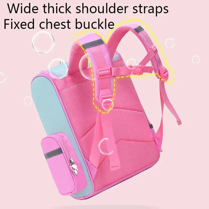Girls' pink and blue unicorn backpack with large capacity, waterproof kids' school bag