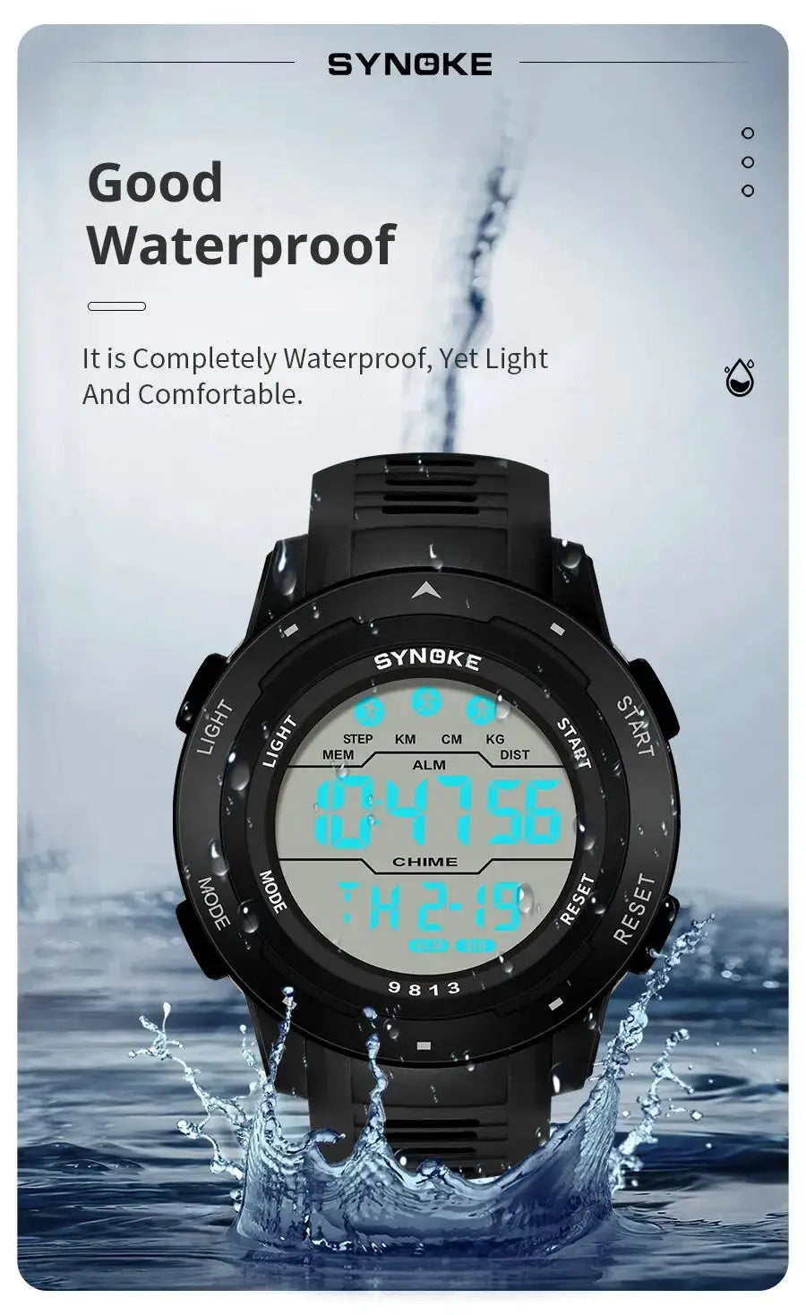 SYNOKE men's digital sport watch, black with large blue display, waterproof 50M.