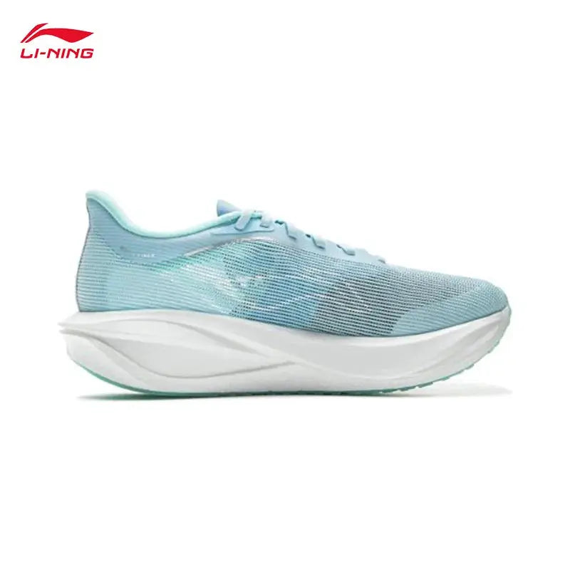 LI-NING Feidian 5 Challenger men's running shoe, light blue knit upper with white chunky midsole