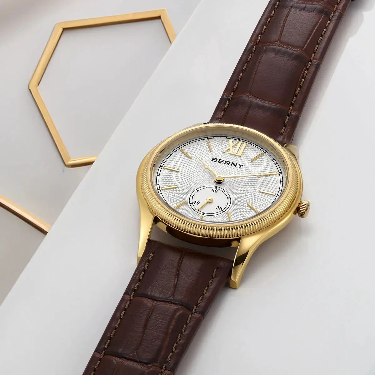 BERNY men's luxury wristwatch with gold-tone case, white textured dial, brown leather strap