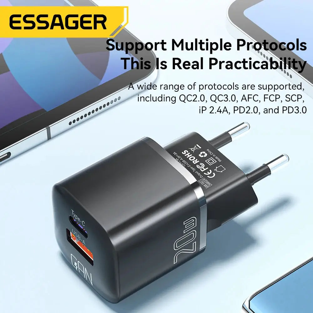 Essager 20W GaN USB-C charger with USB-A port, black, for iPhone 14/13/12/11 Pro Max