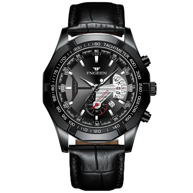 FNGEEN men's wristwatch with black leather strap, stainless steel case and tachymeter bezel