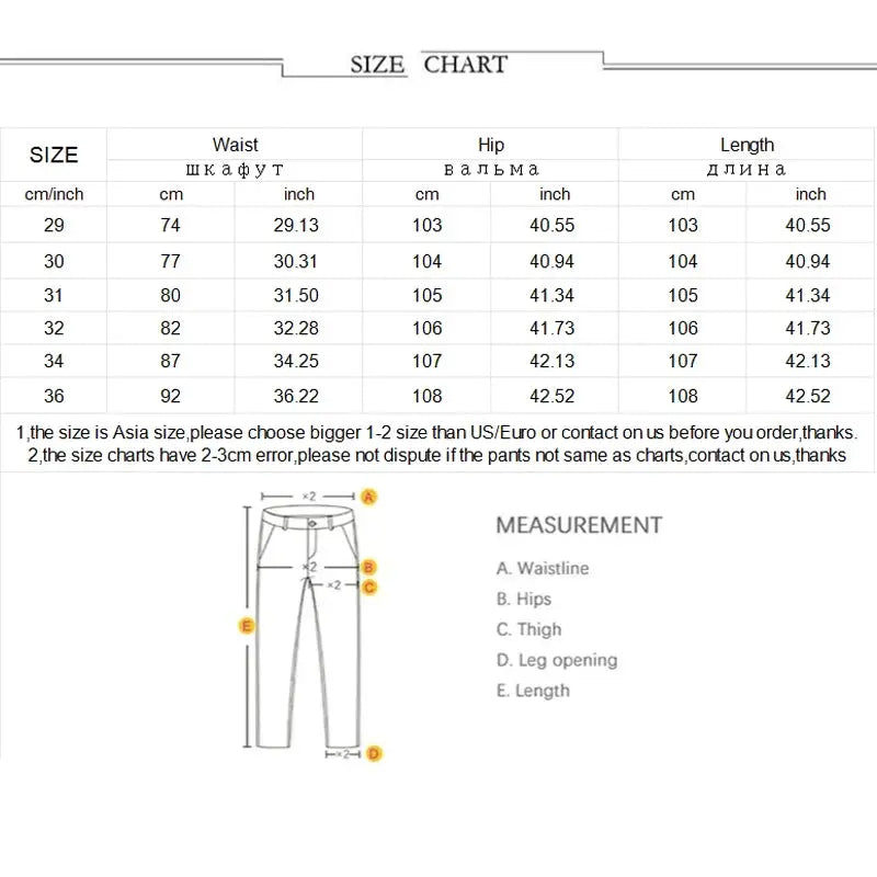 Men's elastic waist denim cargo pants with multiple pockets, washed solid color, slim fit; includes size chart.