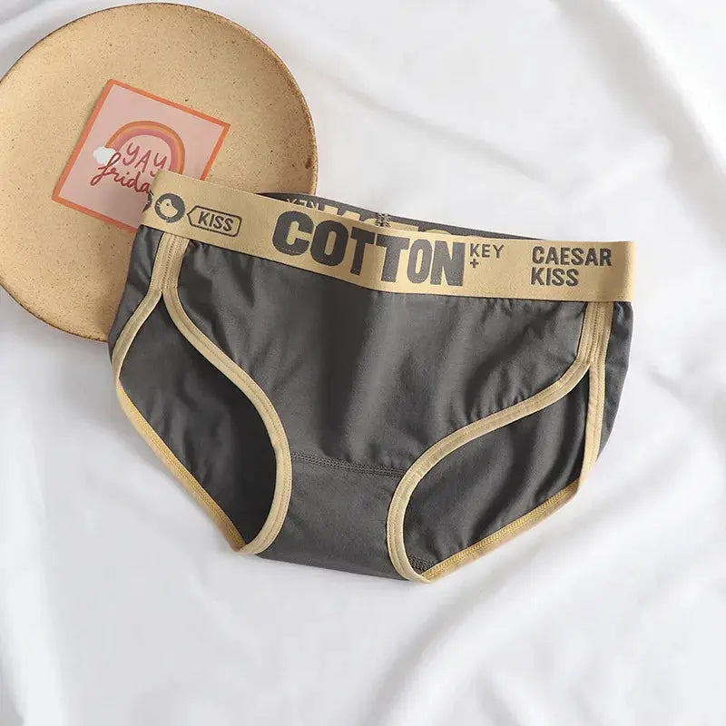 Women’s cotton briefs in gray with beige trim and elastic waistband