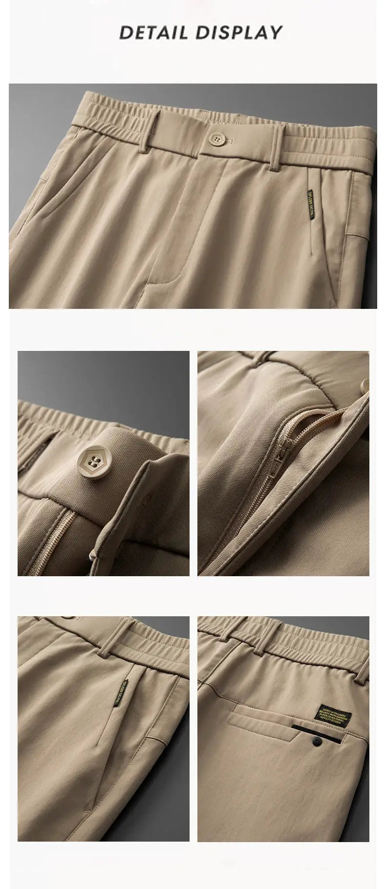 Simples Market men's khaki stretch straight-fit chinos with belt loops and zip fly.