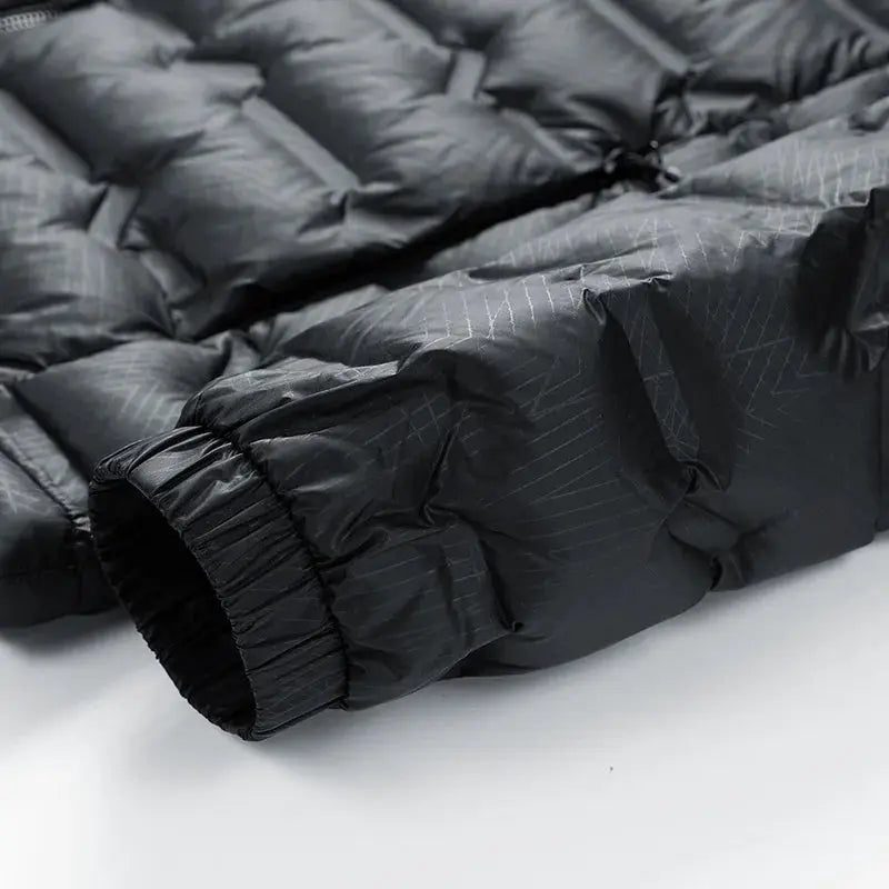 Men's black down jacket cuff detail; Simples Market puffer coat with elastic sleeve