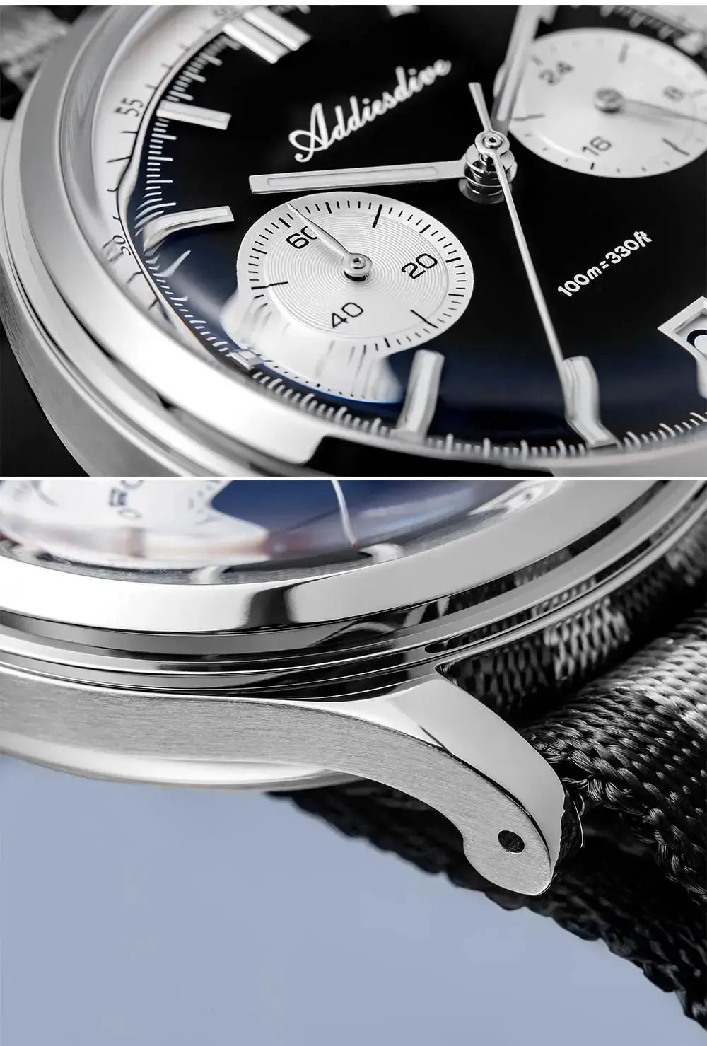 Addiesdive men's chronograph wristwatch with black dial, silver subdials, stainless steel case and mesh strap