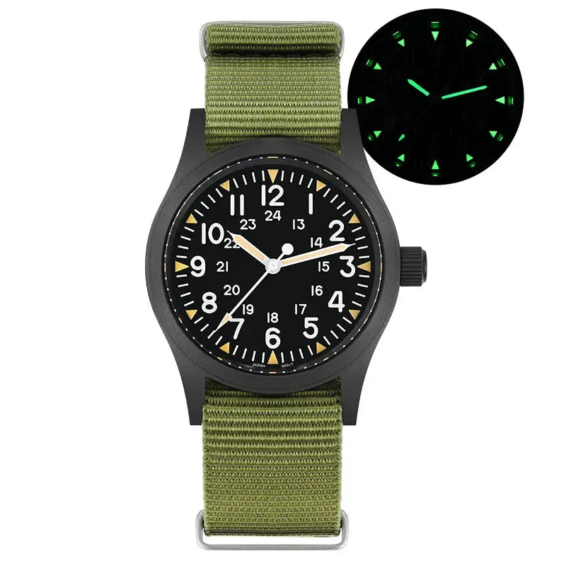 Militado ML05 vintage field watch with olive green nylon strap, black dial, white numerals, and luminous hands (38mm)