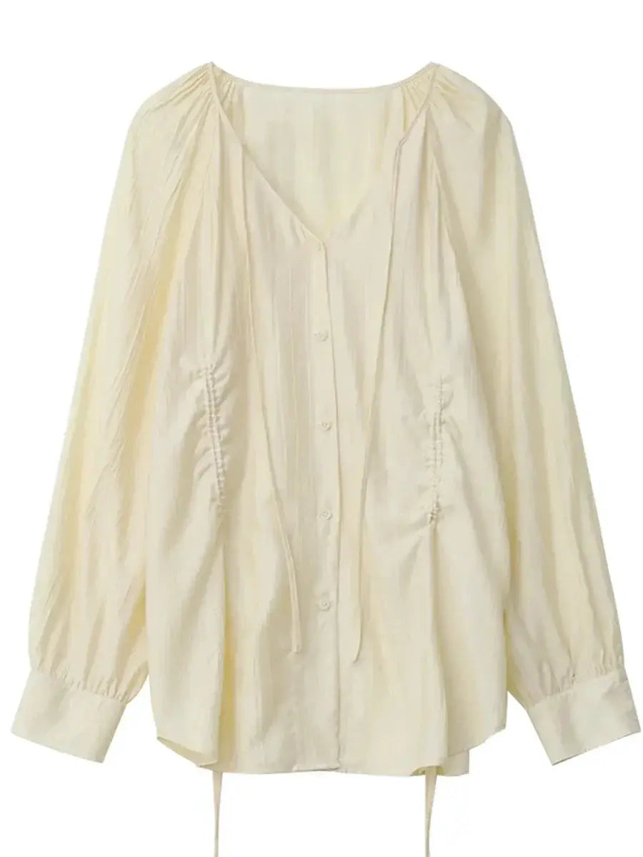 Simples Market CHIC VEN women's ivory loose lace-up V-neck pleated raglan long-sleeve blouse