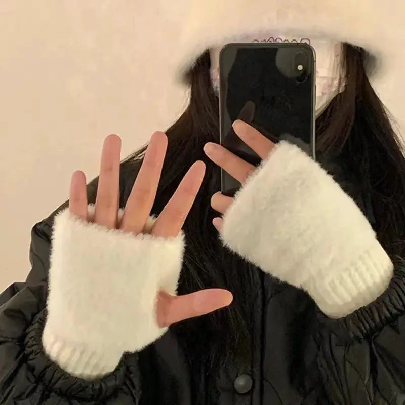 Autumn Winter Soft Mink Fleece Half Finger Gloves for Women Plush Fingerless Wrist Mittens for Driving and Writing