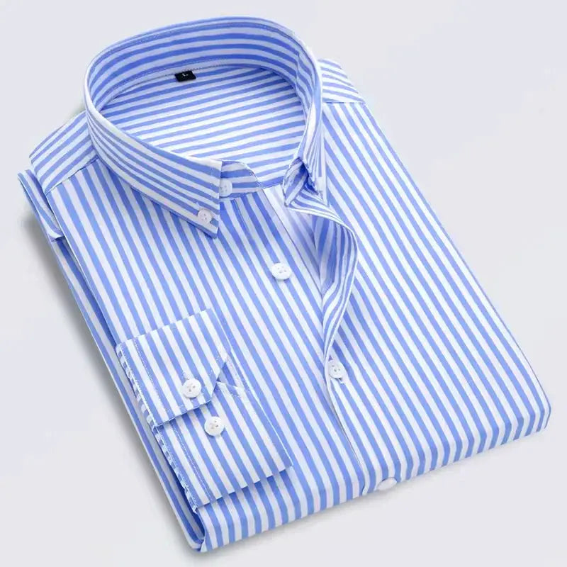 Men's blue and white striped dress shirt, long sleeves, slim fit, neatly folded