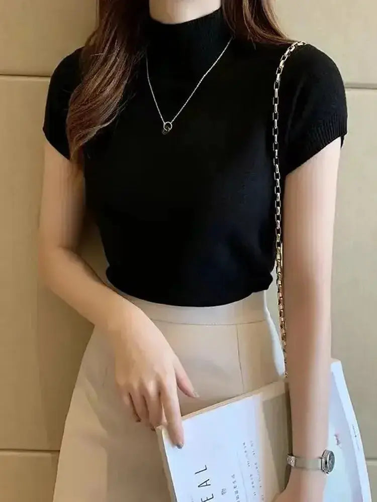 LunaVogue Women Half High Neck Tee Fashion Jumper Lightweight Chiffon Blend Breathable Spring Summer Style