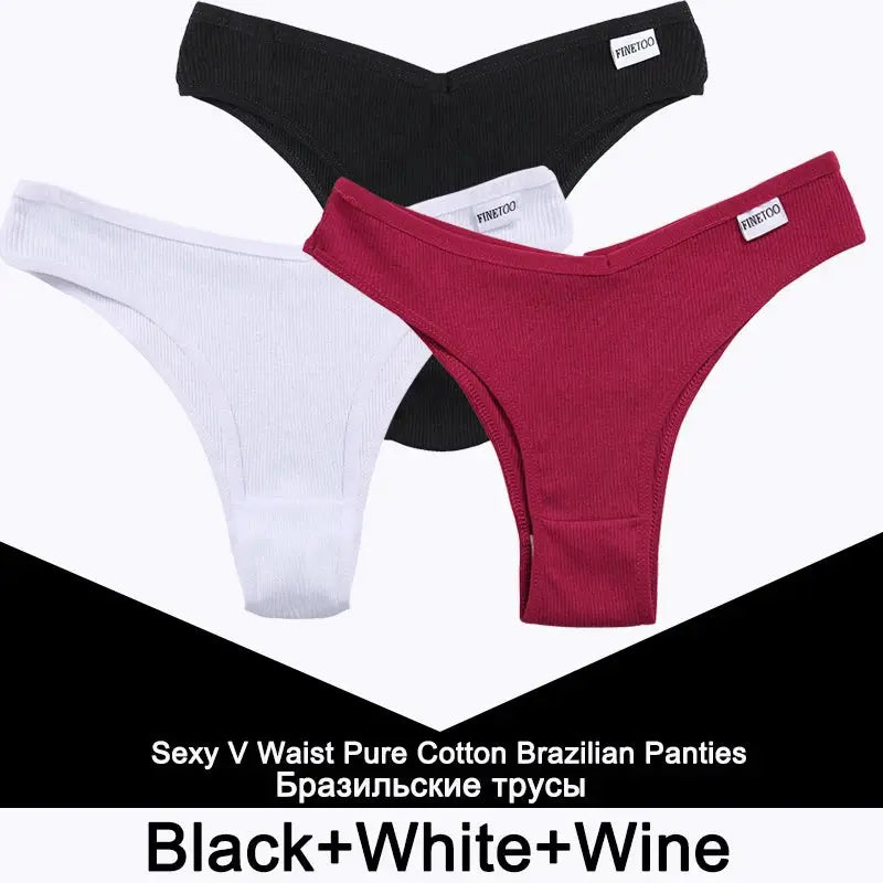 Thong panties set by FINETOO, 3-piece cotton underwear for women in black, white, and wine