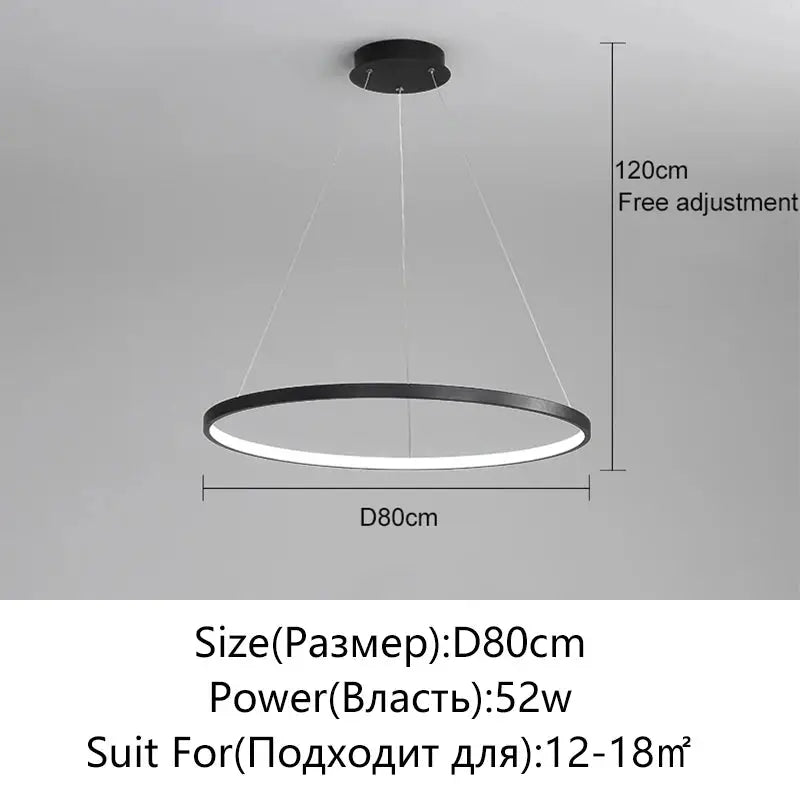 Simples Market modern round LED pendant light in black ring with white inner glow, 80 cm diameter, 52W