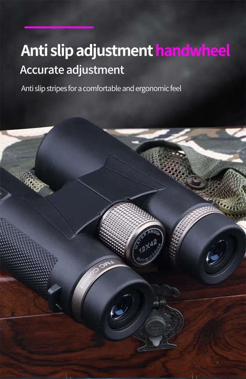 Simples Market 12x42 HD binoculars with ED lens and BAK4 prisms, black waterproof metal body for outdoor use