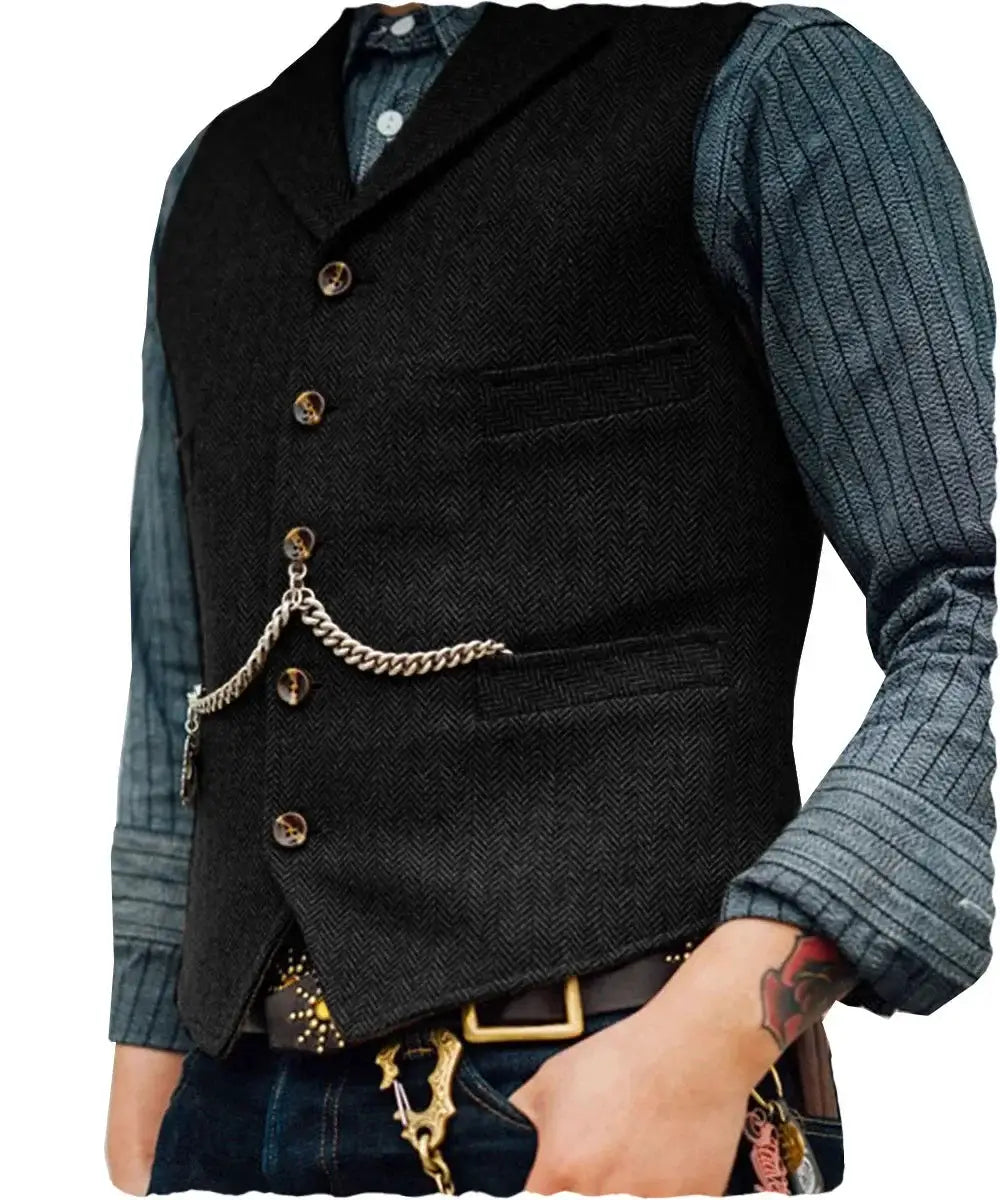 Black wool tweed men's vest waistcoat with brown buttons over a blue striped shirt