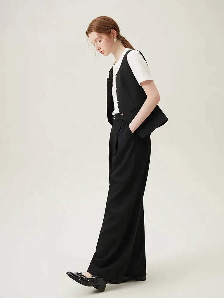 FSLE women's black blazer vest suit with gold buttons and wide-leg pants