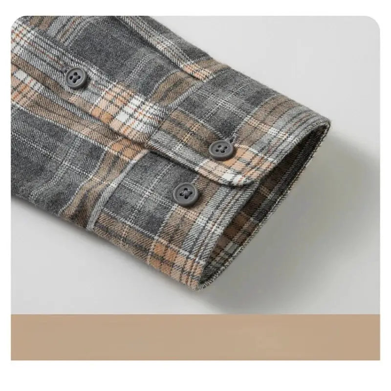 Simples Market 100% cotton flannel shirt cuff in grey-tan plaid.