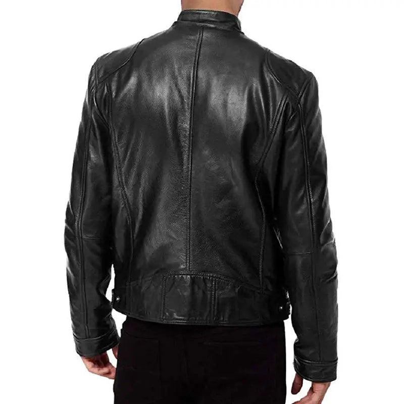 Motorcycle leather jacket for men by Simples Market, black PU leather, slim fit, back view, anti-wind